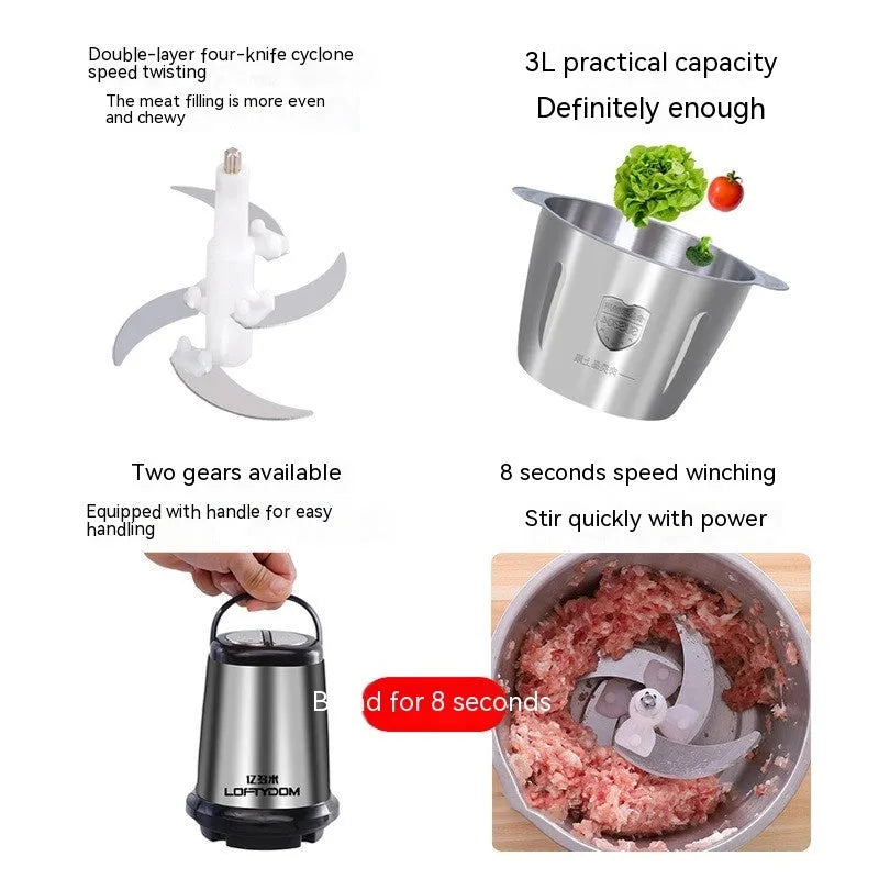 Stainless steel fully automatic electric meat grinder with 2-litre capacity and EU plug