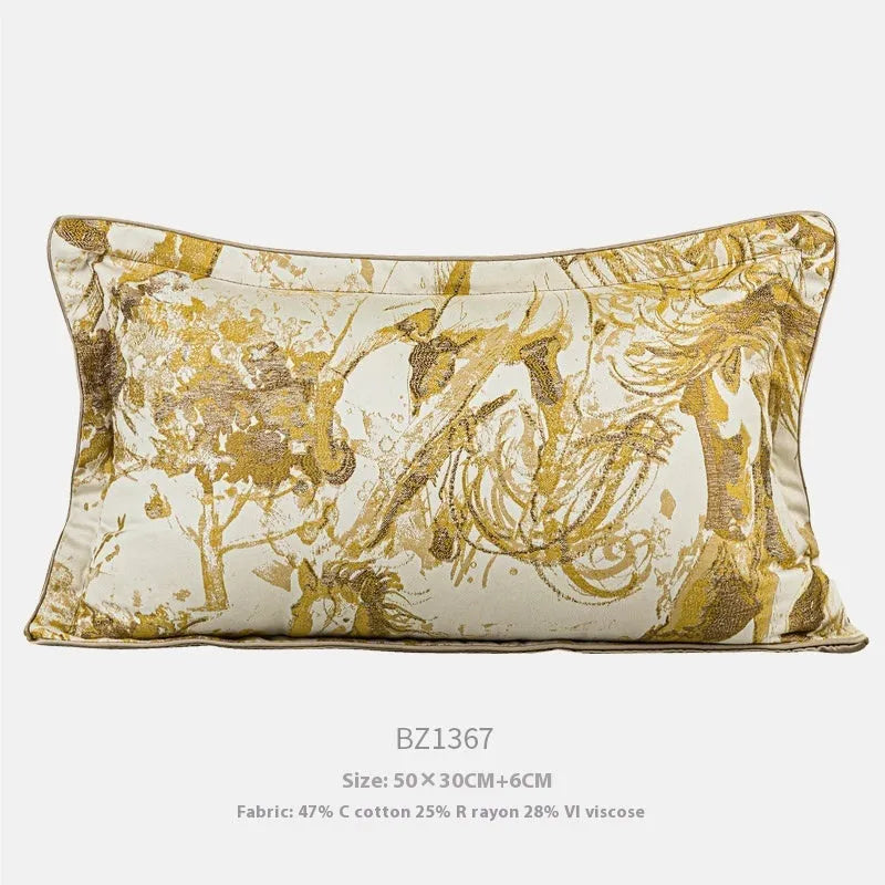 Close-up of a golden horse abstract design on a textured jacquard cushion cover in a choice of colours.