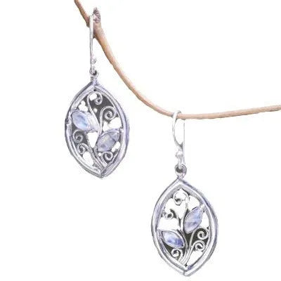 Silver leaf-shaped earrings with colourful embedded moonstone pieces and diamond treatment