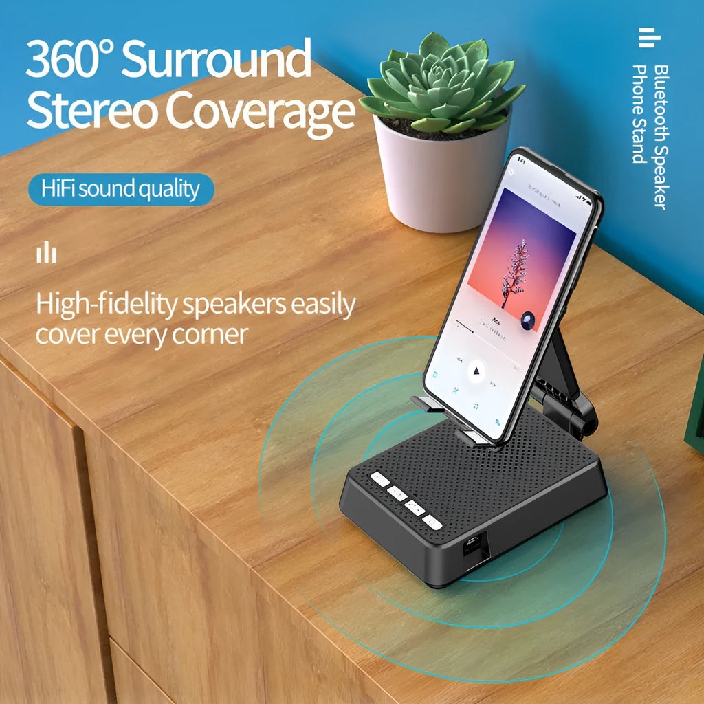 Black mobile phone smart broadcaster stand with Bluetooth speaker and HD mic on a desk