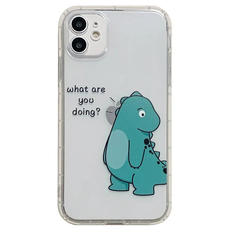 Transparent iPhone case with dinosaur design showing green dinosaur pattern on back