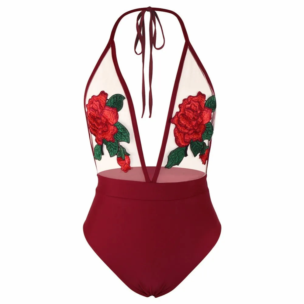 Embroidered halter Siamese bikini set in wine red, front view, on woman, polyester fabric
