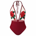 Embroidered halter Siamese bikini set in wine red, front view, on woman, polyester fabric