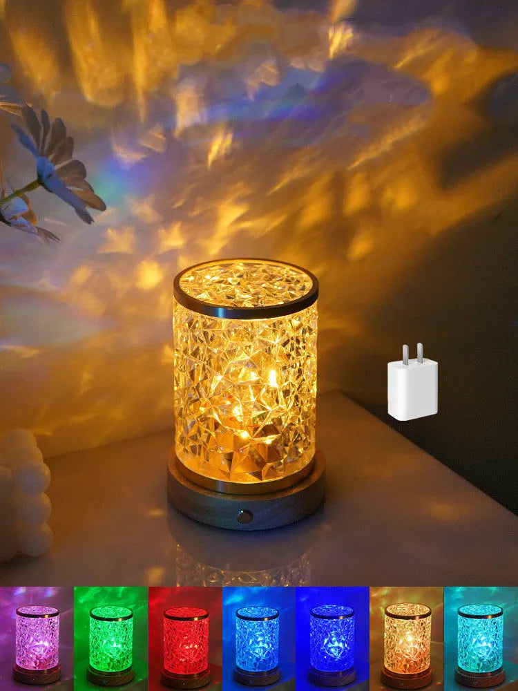 Rotating water ripple small night light with acrylic dome on solid wood base for bedroom use