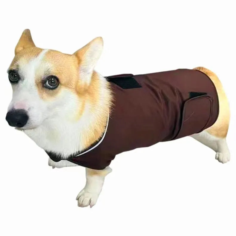 Dog wearing calming tank top vest in brocade cotton Ponte-de-Roma fabric for separation anxiety relief