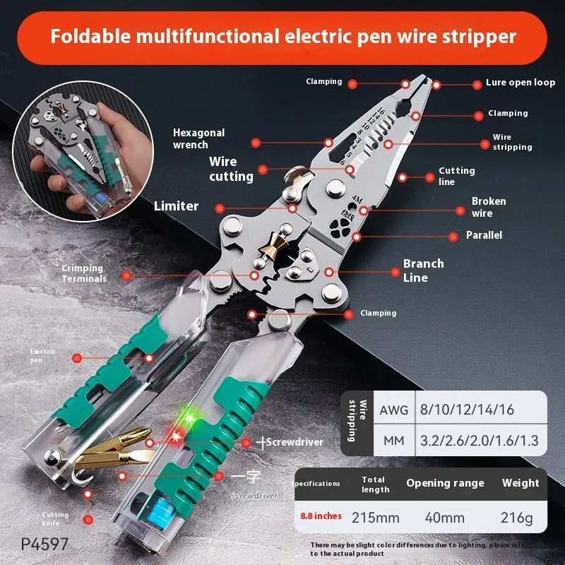 Electricians' pliers wire stripper with pointed shape and rust prevention, available in 215mm or 225mm sizes