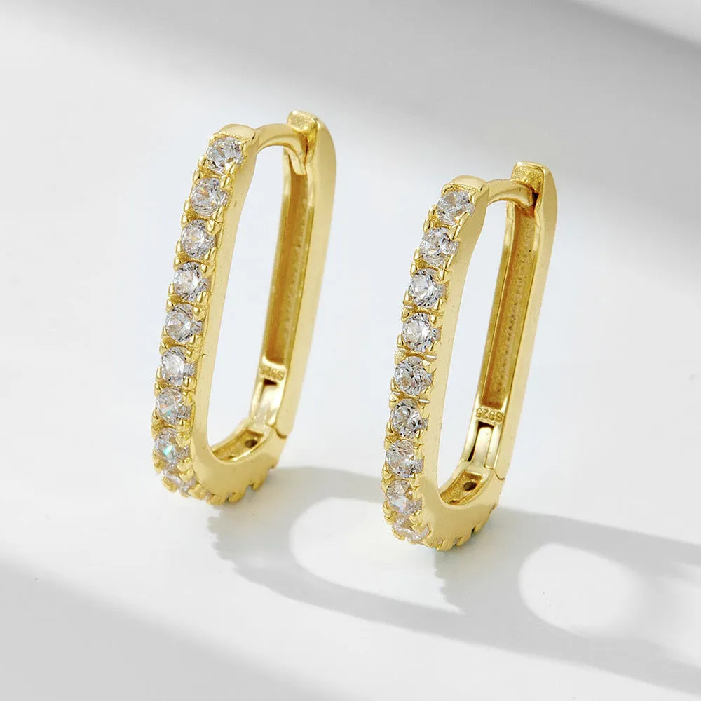 S925 sterling silver oval zircon ear clips with geometric design in white finish