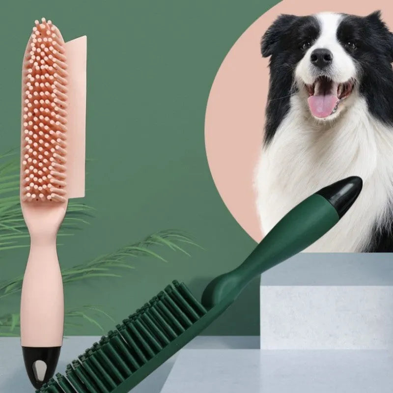 Green dog brush with hair collector reservoir, massage nodules, and a separate pink wool sticker for pet hair removal