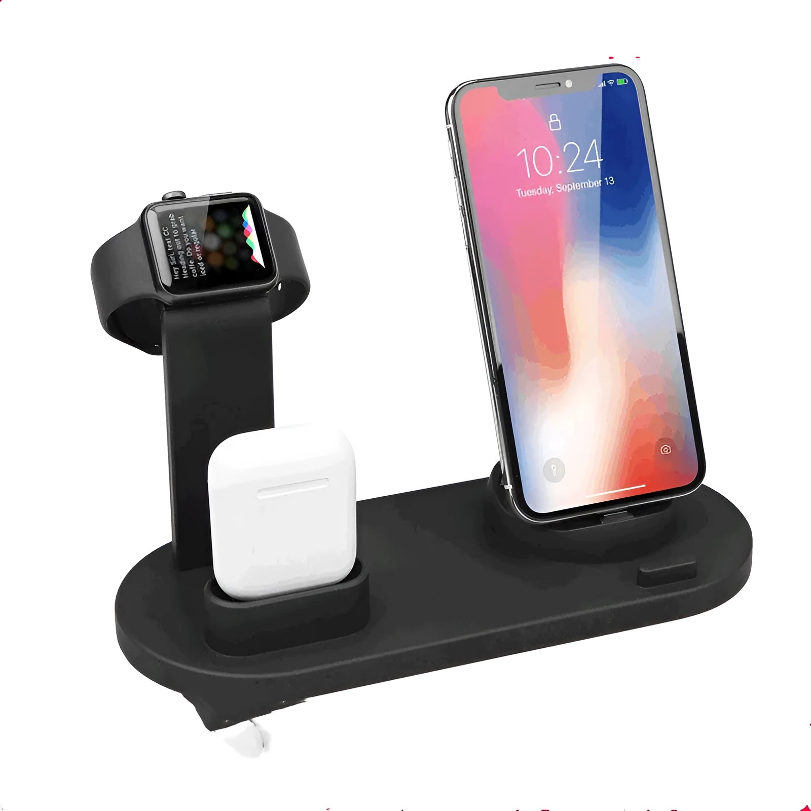 Black headphone charging stand with USB ports for charging three devices simultaneously
