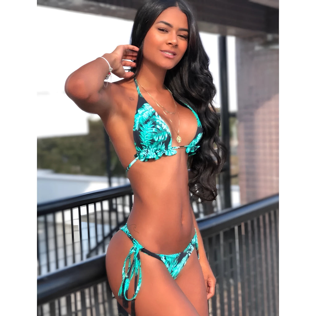 Women's green nylon split swimsuit with chest pad for beach swimming