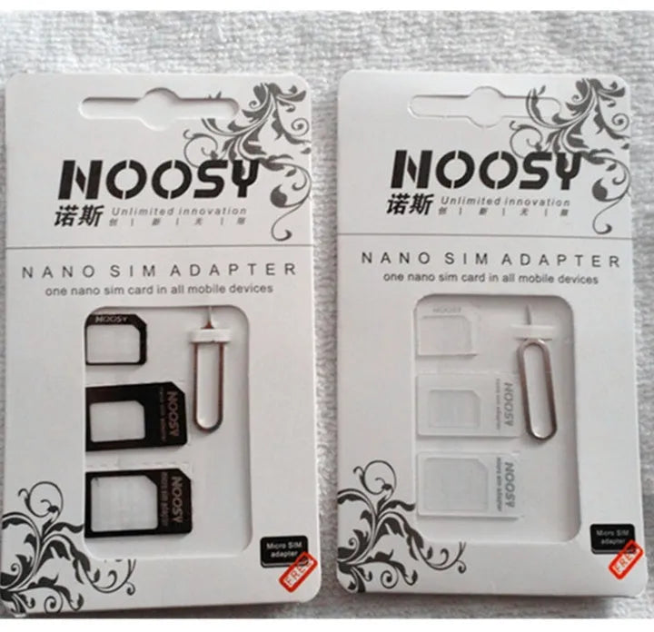 Three-piece SIM card cutter kit showing cutter tool, SIM tray removal tool, and SIM adapter