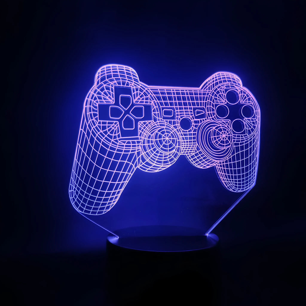 Gamepad 3D night light showing seven colour modes with touch switch and remote control, acrylic and ABS construction