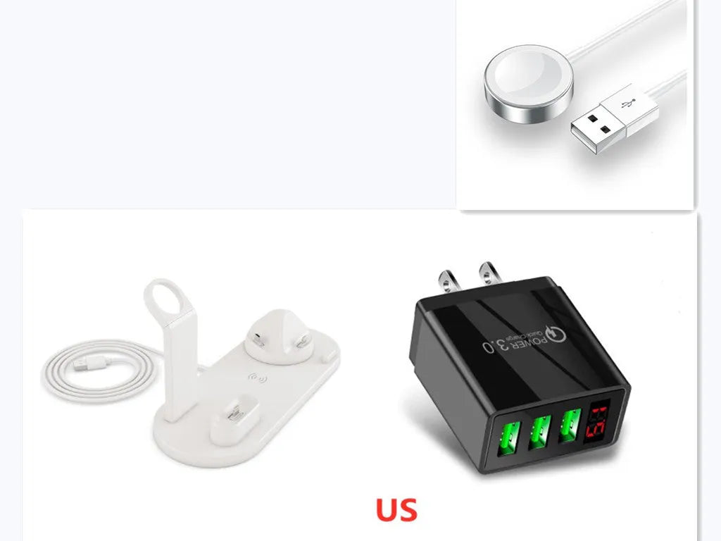 4 in 1 wireless charger stand for iPhone Samsung iWatch AirPods in black silicone material with 360 degree rotating dock