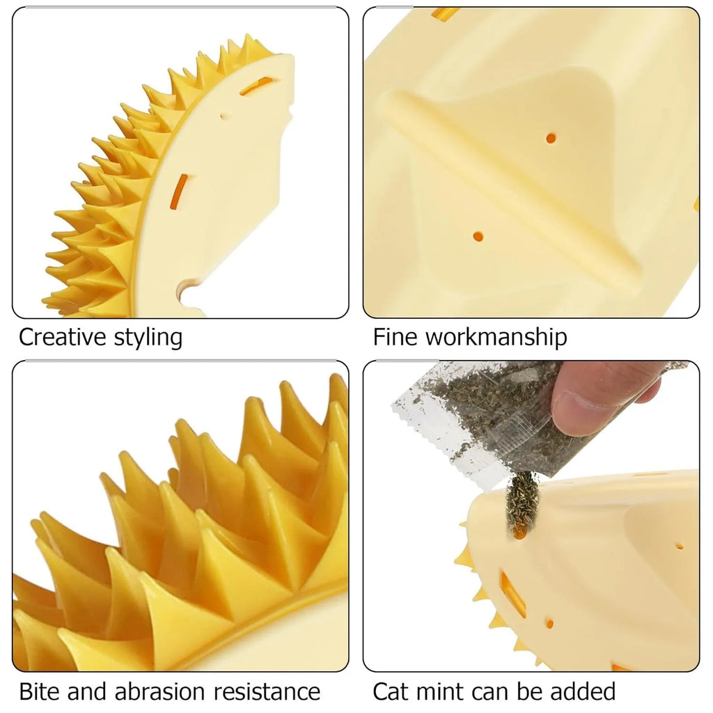 Yellow durian-shaped cat corner scratcher with massage comb and catnip for indoor cats