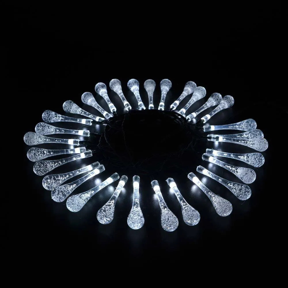 Solar-powered LED outdoor string lights with water drop-shaped pendants on a 6.5m cable