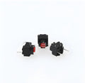 Single aluminium alloy micro tact switch with patch pins for PCB mounting.