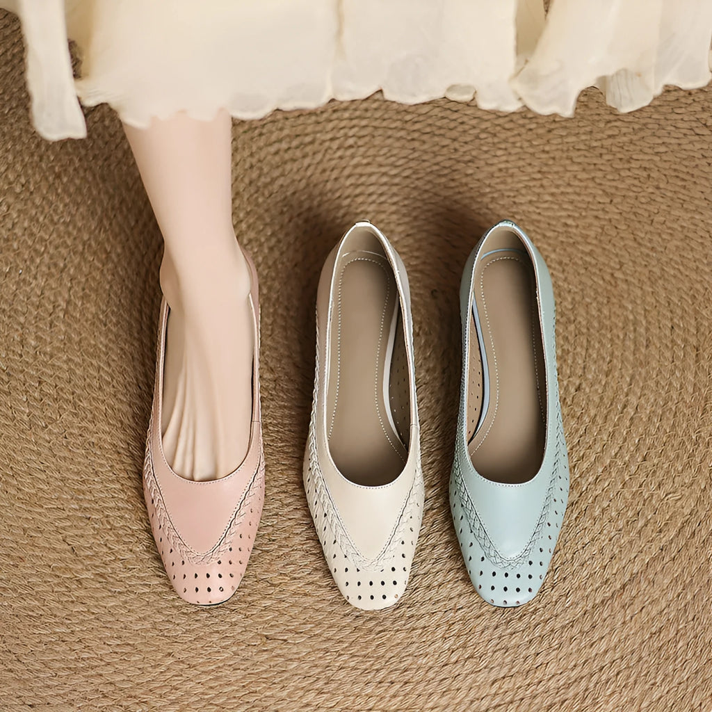 Women's hollow-out mid heel sandals in goat leather with beef tendon sole