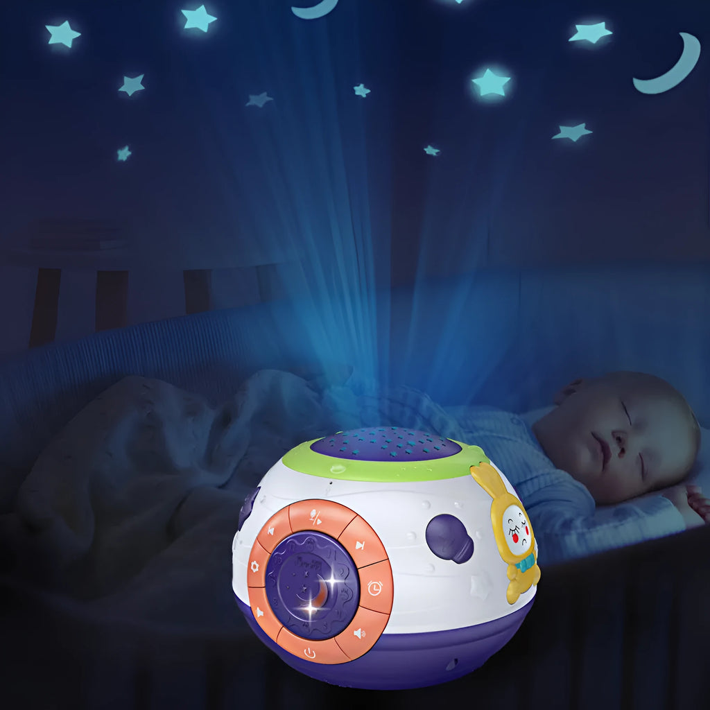 White cube-shaped children's night light projector showing starry sky projection with control button on top
