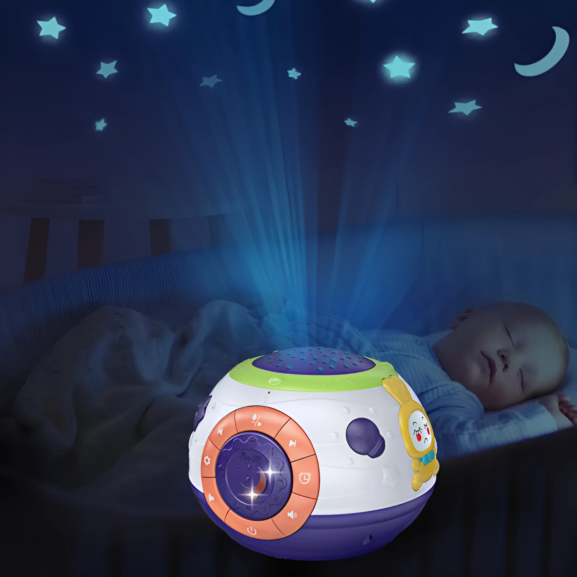 White cube-shaped children's night light projector showing starry sky projection with control button on top