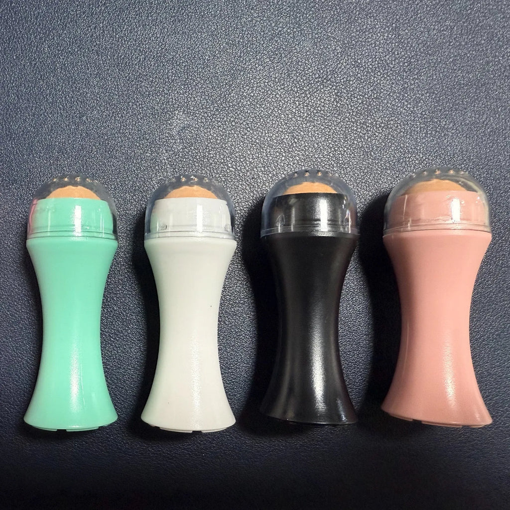 Volcanic portable roller for oily skin control, made from real volcanic stone, reusable and washable, available in black, green, pink, white