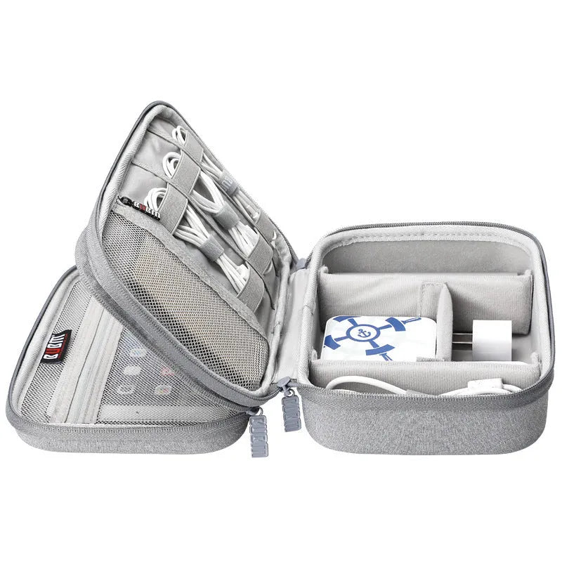 Simple modern EVA digital storage organiser bag for headphones and cables, shown in black or grey.