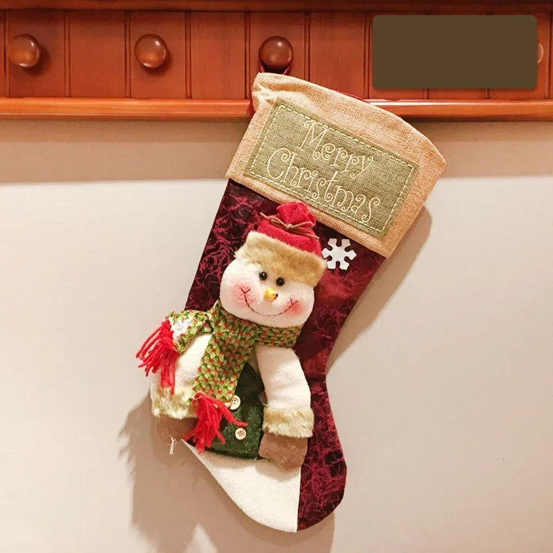 Christmas stocking socks with 3D applique snowman, Santa, and elk designs in mixed colours
