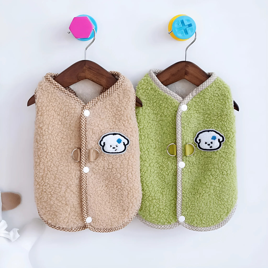 Green dog fleece vest with leash ring for small dogs in winter