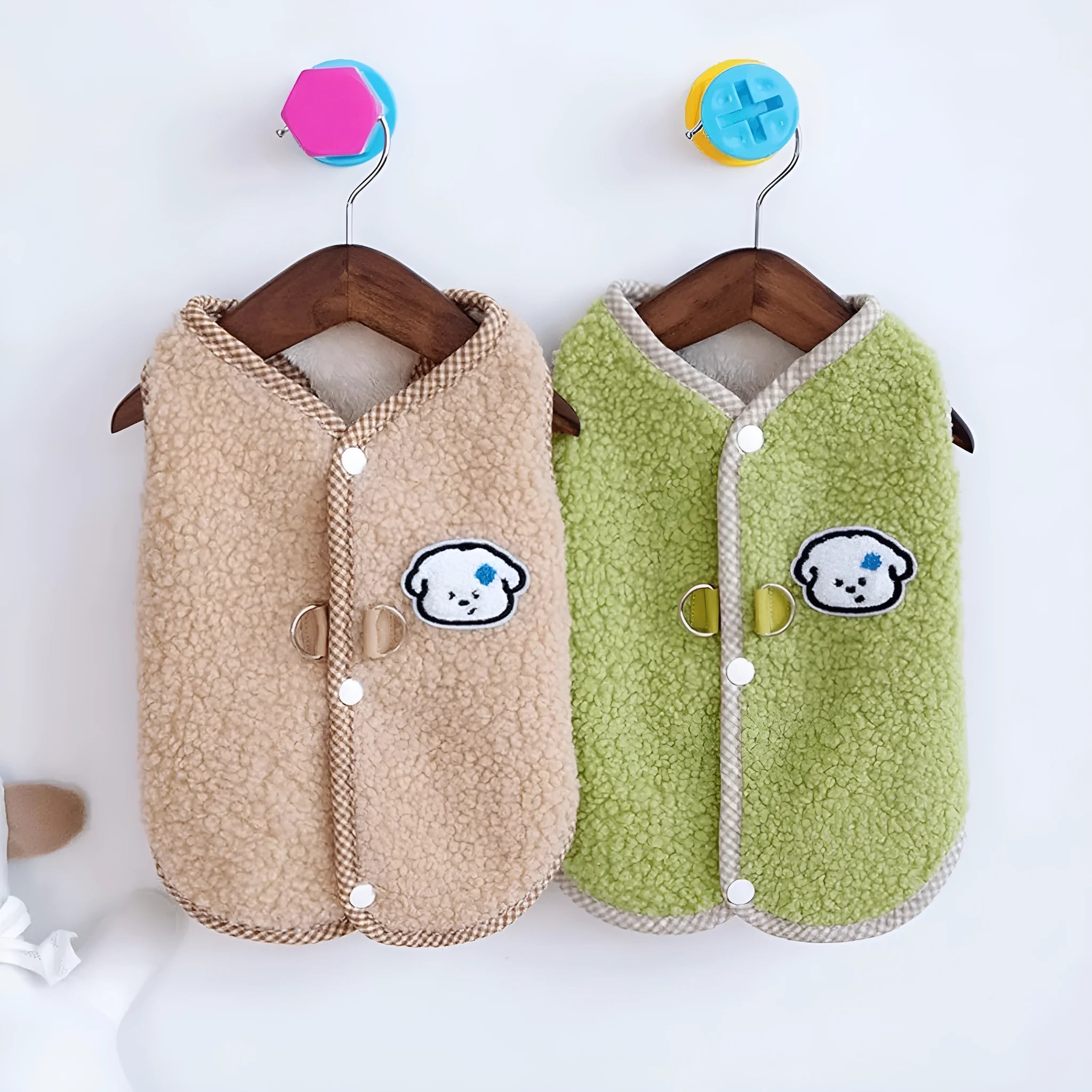Green dog fleece vest with leash ring for small dogs in winter