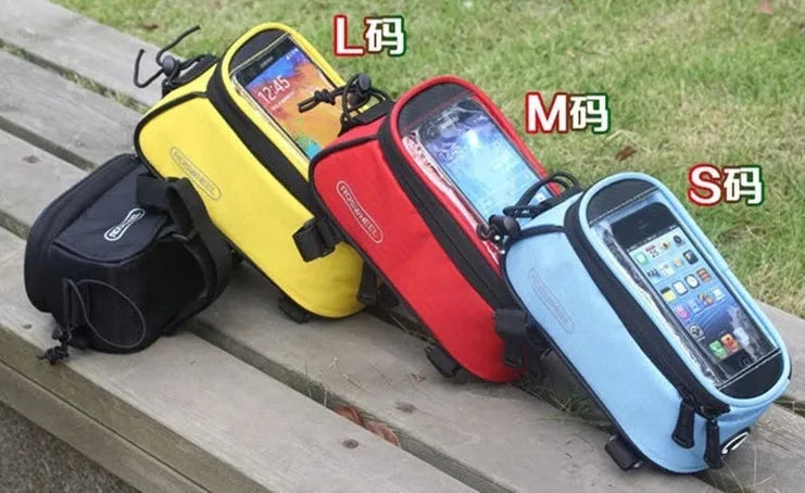 ROSWHEEL black PVC bicycle frame bag for mobile phone mounted on a bike.