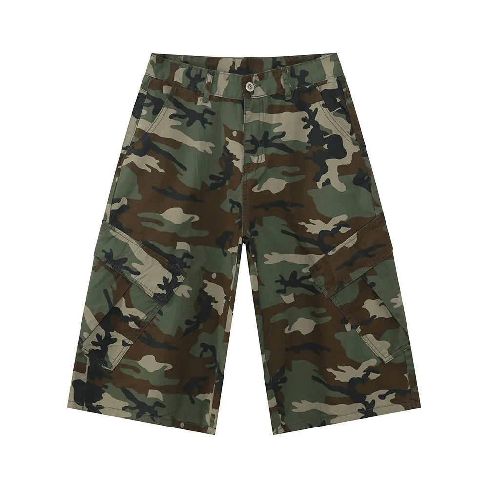 Men's camouflage cotton jeans with wide leg loose fit and side stitching detail