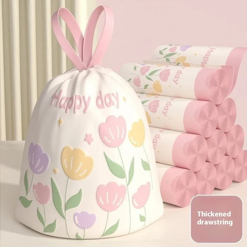 Pink degradable drawstring garbage bag with argy wormwood mosquito repellent formula.