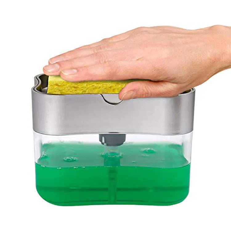 Plastic kitchen soap dispenser in silver colour on a countertop