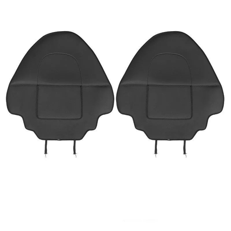 Two black leather rear anti kick pads for car seats, showing size and single pocket.