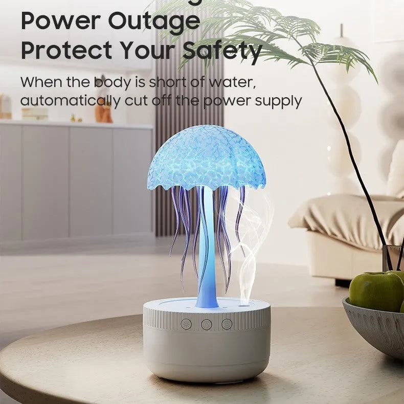 White round plastic USB humidifier with rotating colourful light, single fog outlet, and 0.5-1L water tank