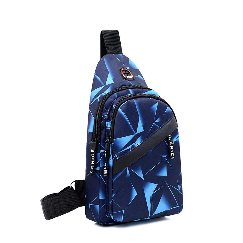 Print sling chest bag with earphone hole design in Oxford cloth, showing zipper opening and square vertical shape