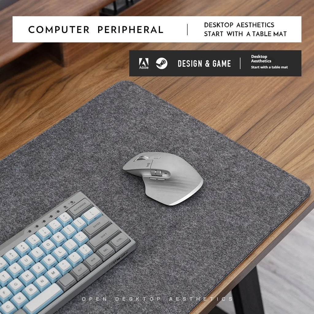 Felt cork desk mat in black gray pattern on a wooden desk with a mouse and keyboard