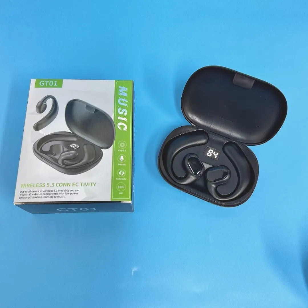 Black ear-mounted Bluetooth headset with digital display screen showing battery level
