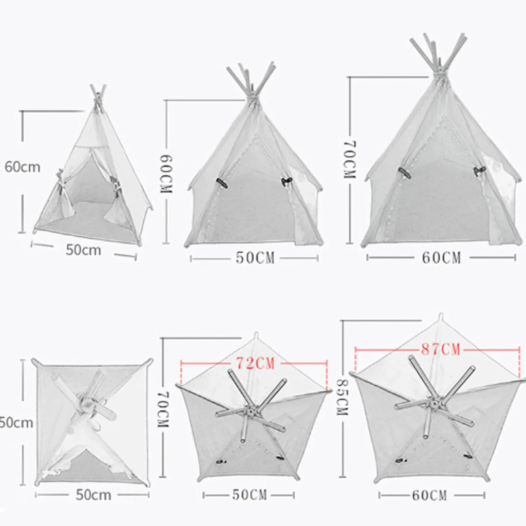 Striped flax linen pet teepee tent with removable cushion for small dogs and cats
