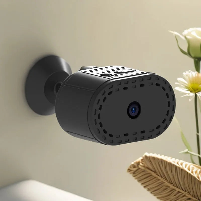 Smart camera wireless WiFi remote monitor black with bracket on shelf