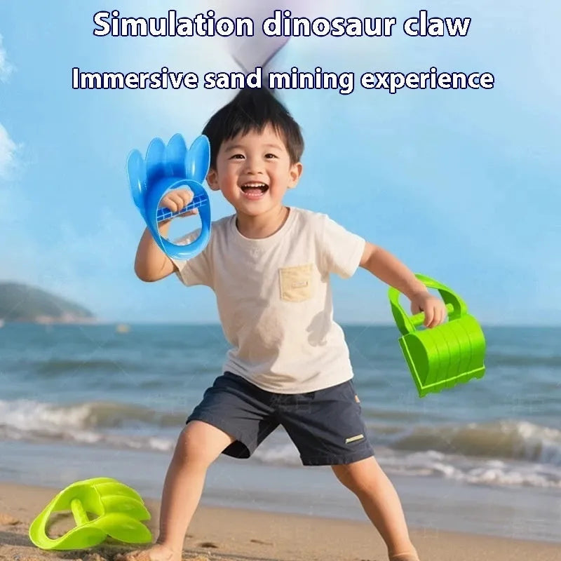 Two plastic sand digging shovels for children aged 4-6 years, set on a sandy surface near blue water.
