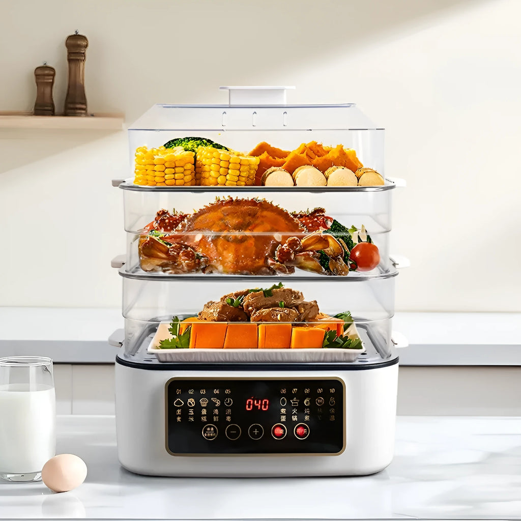 Electric steamer with stainless steel rack and automatic measuring features for household cooking
