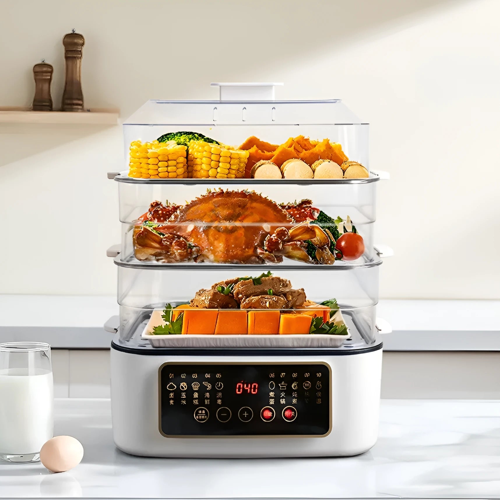 Electric steamer with stainless steel rack and automatic measuring features for household cooking