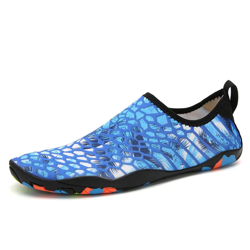 Blue elastic water wading shoes with EVA sole for beach and swimming.