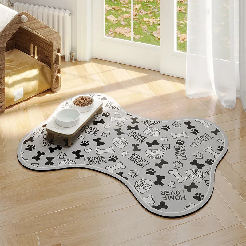 Minimalist pet feeding mat in cat head light gray, water-absorbent non-slip design for cat and dog bowls
