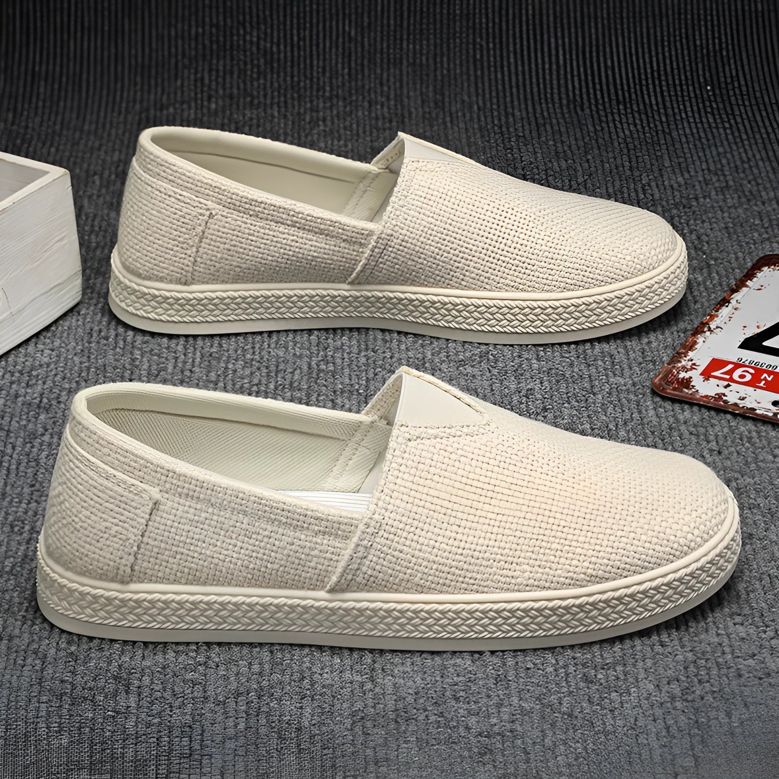 Men's beige linen cloth canvas shoes with round toe and visible stitching on PVC sole