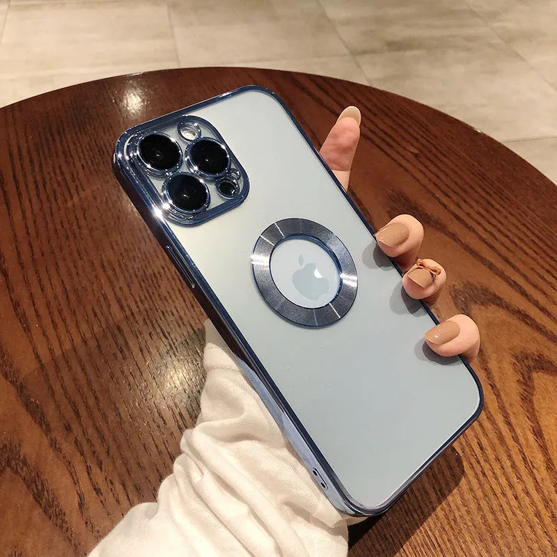 Transparent electroplated silicone iPhone case with built-in camera lens protector in multiple colour options.