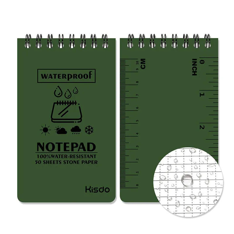 Spiral-bound waterproof office notepad with stone paper, shown in camouflage colour option.