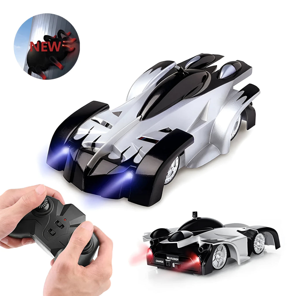 Wall climbing RC car in black with LED lights and 360-degree rotation on a wall surface