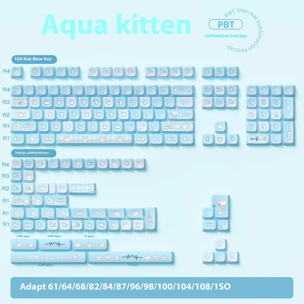 Watercolour kitten design PBT keycap set for mechanical keyboards, showing 138-key and 158-key full kit options.