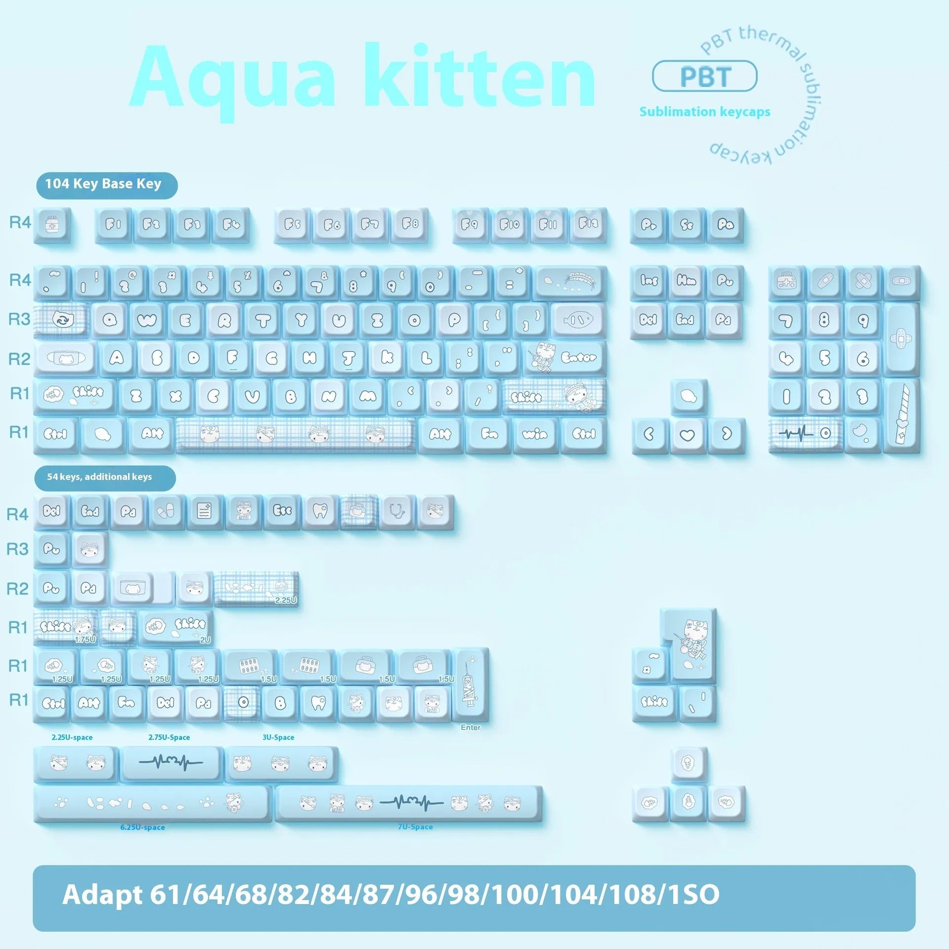 Watercolour kitten design PBT keycap set for mechanical keyboards, showing 138-key and 158-key full kit options.